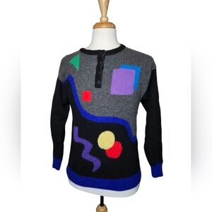 Vintage 90s Abstract Graphic Knit Sweater Angora Wool Blend Art Pattern